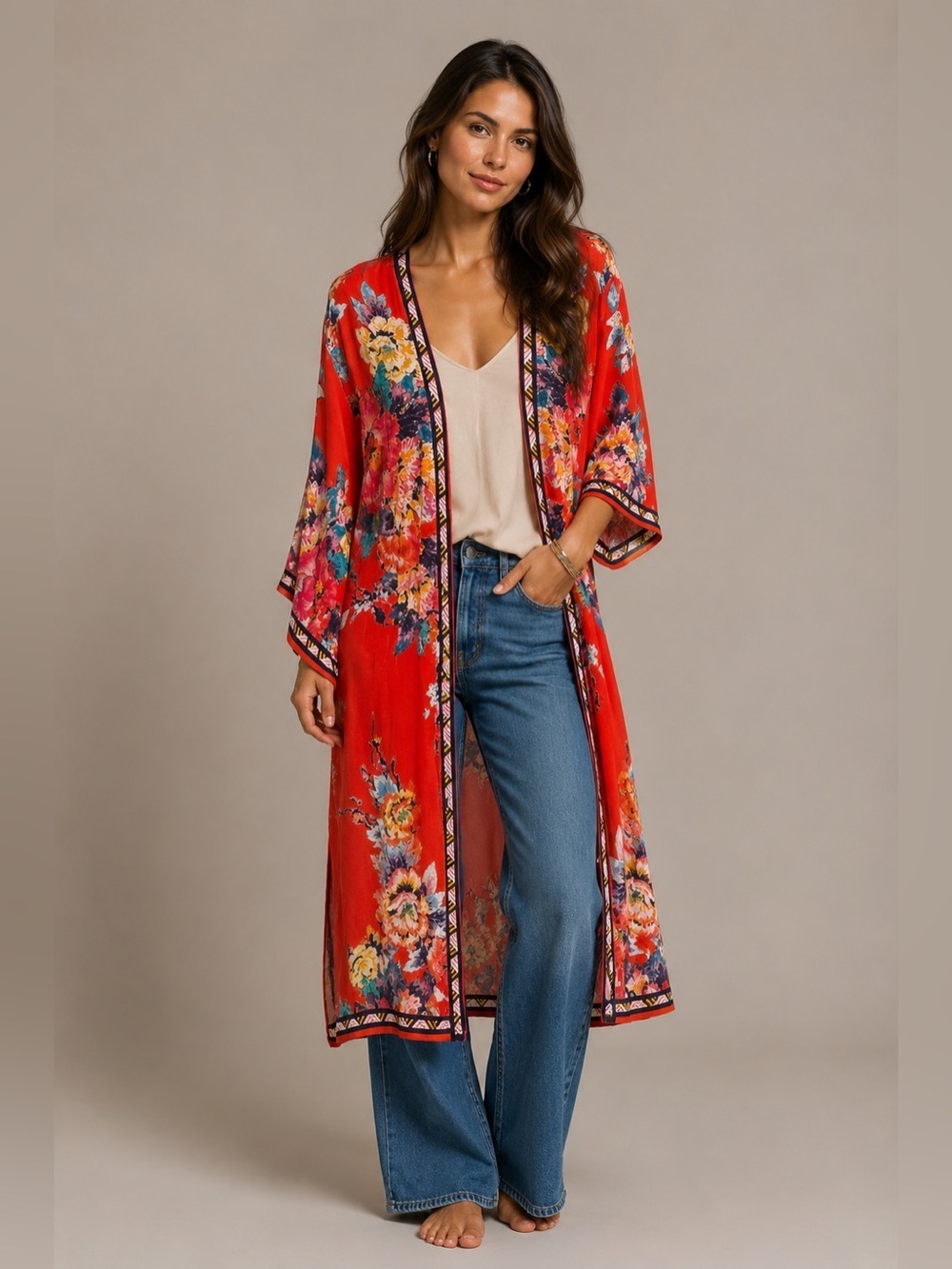 Flying Tomato Anthropologie  Sz M-L Floral Print  Kimono Cardigan Duster Top